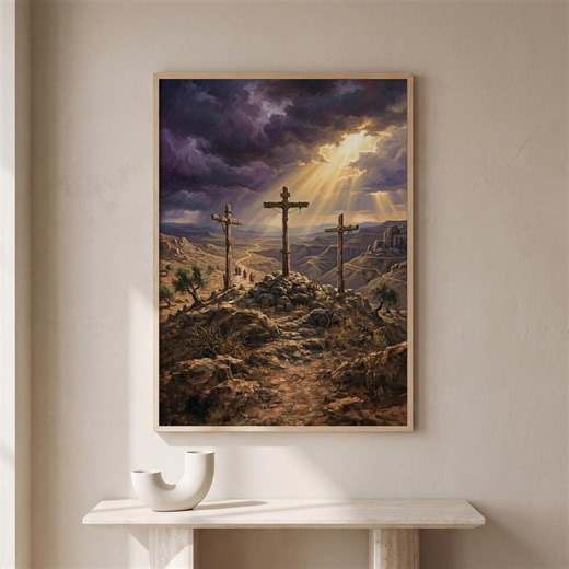 Calvary Hill Three Crosses Art Print, Dramatic Sky Desert Landscape, Christian Wall Art, Easter Religious Oil Painting - Etsy