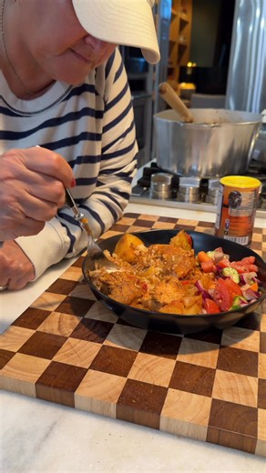 My version of Egyptian Chicken and Potatoes in the Oven Ingredients: • 3–4 boneless, skinless chicken breasts • 1 tsp each: salt, black pepper, garlic powder, onion powder, ground coriander, McCormick Garlic & Herb seasoning, cumin, paprika, and Cajun seasoning • Olive oil (for browning) • 2 rustic-cut tomatoes • 1 bell pepper, rustic-cut • 1 large onion, rustic-cut • 6–8 small russet potatoes, no cut into chunks • 4 cloves garlic, minced • 1 (15 oz) can tomato sauce • 1 (14.5 oz) can stewed tom