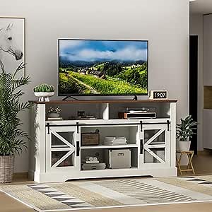 Farmhouse TV Stand for 60 65+ Inch TV, 32" Tall Entertainment Center with Storage, Sliding Barn Door, Rustic Wood Television Stand, Media Console Cabinet with Shelves for Living Room, Antique White