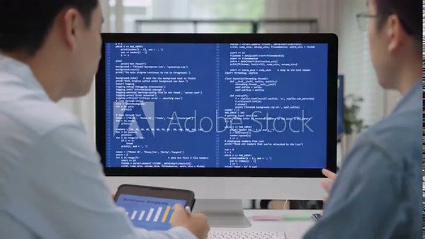 Smart AI cyber bot deep tech tools help write prompt code screen. Asia people asian man IT team typing busy talking work on predict big data center office reskill upskill STEM expert skill job course.