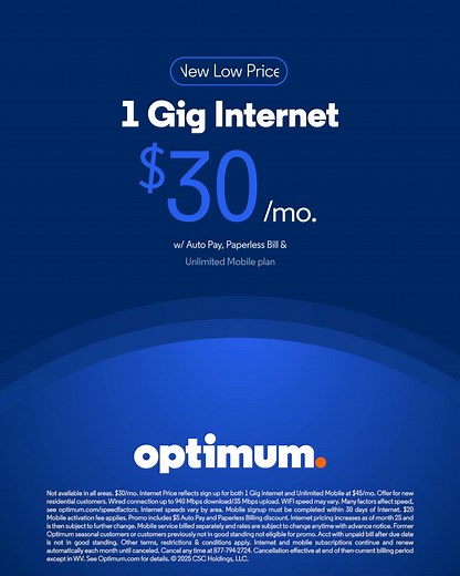 Get a $100 Prepaid Mastercard® & 2-year price lock with 1 Gig Internet now for just $30/mo. Our fastest speed & best value. | Optimum