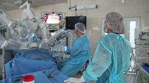Microsurgery with robotic equipment. Surgeons observe the operation process on monitor of modern medical machine in hospital.