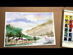 Riverside House Landscape Watercolor Painting Tutorial for Beginners - Using Wet on Wet Technique