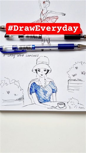 Day 202 A LADY WHO LUNCHES | Draw everyday Draw every way | Characters sketch drawing | Ball Pens