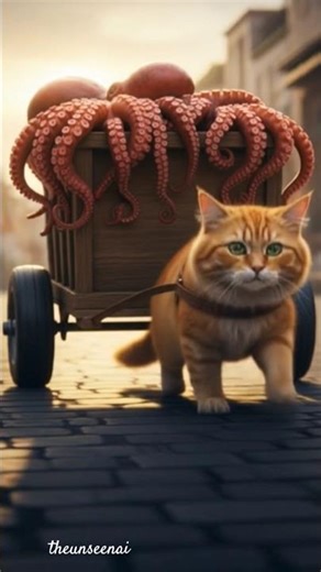 cat moving heavy trolly filled octopus #DreamScreenAI #animation #shorts #short #cat #ai #viral#love