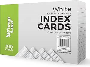 THREE LEAF 4 X 6, INDEX CARDS RULED, 100 CT. WHITE, Ruled Flash Cards, Study Card, Memo Pad, For To-Do List, Art And Craft Projects