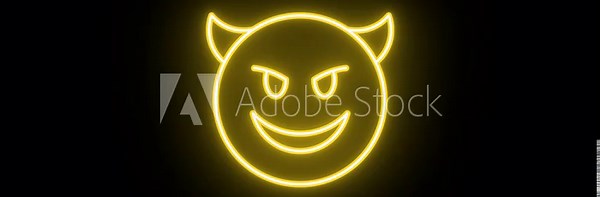 Neon devil emoji icon, flickering emergence and fading. Glowing neon demon emoticon, looped animation. Devil emoji with grin face, mockery emoticon, cute demon icon. Yellow green orange colors