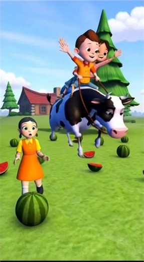 Children are riding a cow