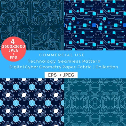 Technology Seamless Pattern, Blue Circuit Board Background, Digital Cyber Geometry Paper, Eps Jpeg, 3600*3600 Pix - Etsy