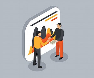 3d isometric illustration. People are shaking hands, behind them is a...