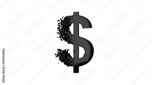 Fractured Dollar value 3d model with disappearing effect. Financial crisis concept. Available in FullHD and HD video.