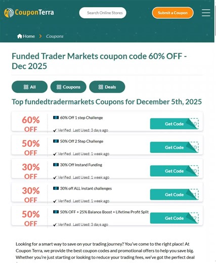 Funded Trader Markets Coupon Code 60% OFF | December 2025 Mega Discount https://www.couponterra.com/coupons/fundedtradermarkets.com | Coupon Terra | Facebook