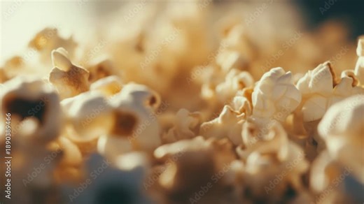 Popcorn kernels leaping in a warm golden blur, capturing energetic motion and the irresistible texture and crunch of movie night snack preparation
