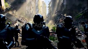 Elite soldiers navigate a post-apocalyptic urban landscape while preparing for a mission in a futuristic setting