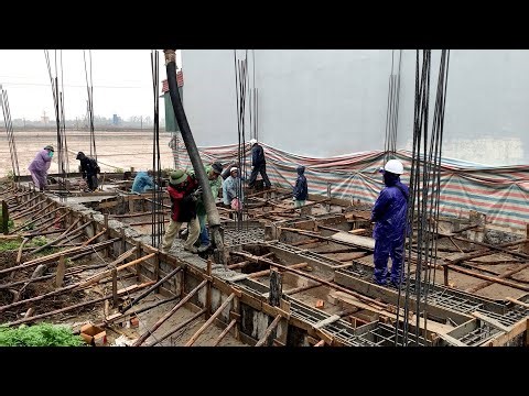 Constructing A Solid Foundation For The House Using Concrete Piles And Beams With Modern Machinery