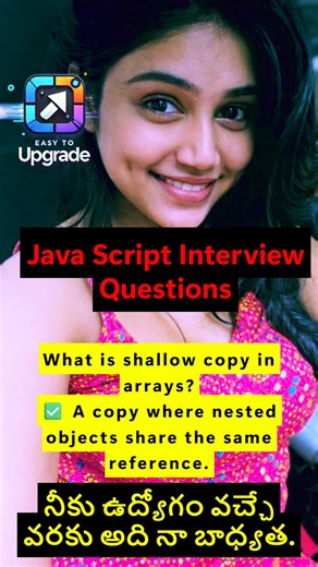 Sunil Kumar Edumala on Instagram: "What is a Shallow Copy in Arrays? 🤔 👉 A shallow copy creates a new array 👉 But nested objects share the same reference Example 👇 let arr = [{ x: 1 }]; let copy = [...arr]; copy[0].x = 10; console.log(arr[0].x); // 10 ⚠️ Change in nested object affects both arrays ✅ Spread operator, slice() create shallow copies ✅ Very common interview concept 💬 Comment “SHALLOW COPY CLEAR” 🔁 Share with your JS friends #JavaScript #Arrays #ShallowCopy #JSInterviewQuestions