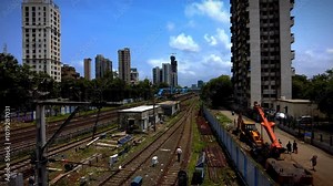 timelapse of Mumbai local train passing in front of a background of trees and high-rise buildings.