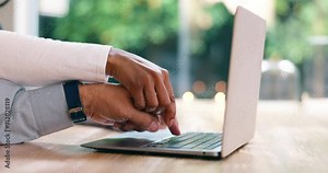 Holding hands, help and people typing on laptop at desk in home closeup for email communication or networking. Computer, support or assistance with seniors in apartment for retirement planning