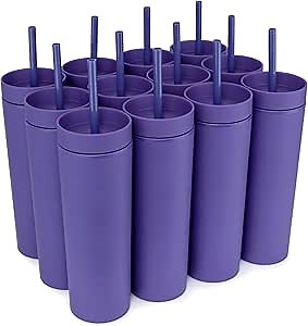 STRATA CUPS Purple Skinny Tumblers with Lids and Straws (12 pack) - 16oz Double Wall Acrylic Tumbler, Tall Matte Skinny Tumblers, Bulk with Free Straw Cleaner, Reusable Cups