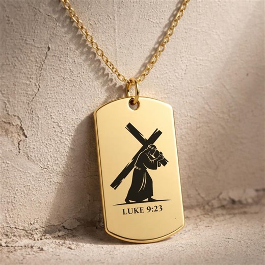 Christian Dog Tag Necklace, Engraved Jesus Carrying the Cross, Luke 9:23, Bible Verse, Religious Gifts - Etsy