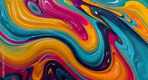 A colorful painting with a lot of swirls and splatters. The colors are bright and vibrant, creating a sense of energy and movement. The painting seems to be abstract