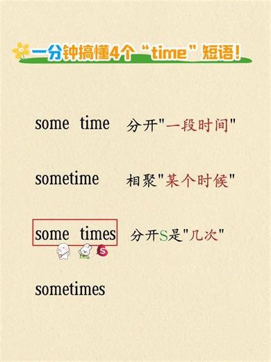 12K views · 108 reactions | 一分鐘搞懂some time，sometime，some times，sometimes，4 個 “time” 短語的區別。#英語沒那么難 #知識分享 #零基礎英語 #實用英語 #英語 | 英語知識點 | Facebook