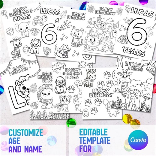 Birthday Party Coloring Pages: Jungle Animals - Etsy