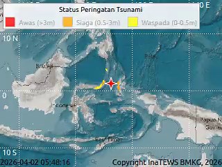 Pemutakhiran,Peringatan Dini Tsunami di MALUT,SULUT, Gempa Mag:7.6, 02-Apr-26 05:48:16WIB, Lok:1.25LU,126.27BT,Kdlmn:62Km::BMKG