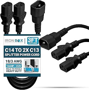 IronBox Electric IEC C14 to 2X C13 Splitter Power Cord - 10A, 250V, 18/3 AWG - UL Listed Power Extension Cable - Heavy Duty Adapter Cables for Computer, Monitor, PDU, Printer & More (3ft + 1ft Legs)