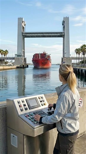 Coastal Lift Bridge Opening for Moving Cargo Ship