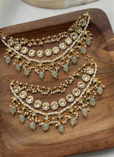 ANAYA Kundan Ear Strings (saharas) – Elegant Triple Layer Pearl Ear Chains With Mint Green Bead Drops for Bridal and Festive Wear - Etsy
