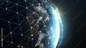 Global network of interconnecting lines and dots, visualizing the exchange of digital data, covers the entire surface of the planet earth. Worldwide Business, International Network, Big Data Cloud.
