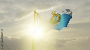 Flag of San Marino Waving in the wind, Sky and Sun Background, Slow Motion, Realistic Animation, 4K UHD 60 FPS Slow-Motion