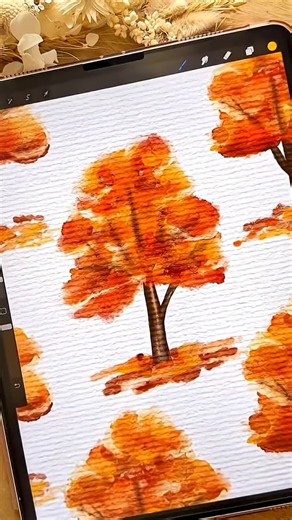 Digital watercolor autumn trees drawing tutorial