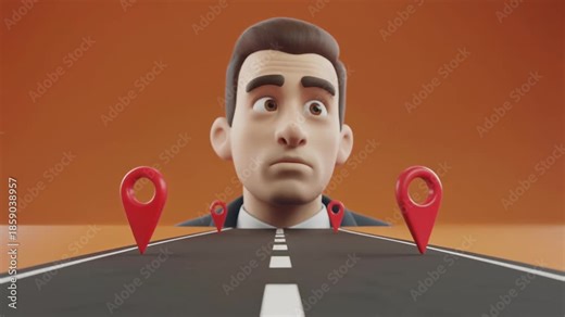 3D Animated Character Navigating a Road with GPS Pins, Representing Decision Making and Pathfinding.