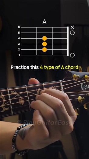 Practice this 4 type of A chord🎸 Save for later✅ #guitarbeginner #guitarchords #easyguitar #learnguitar #guitarpractice