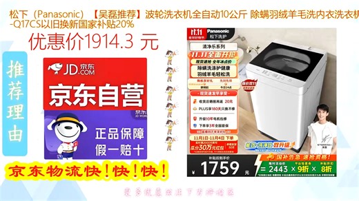 松下_Panasonic__吴磊推荐_波轮洗衣机全自动10公斤 除螨羽绒羊毛洗内衣洗衣机XQB