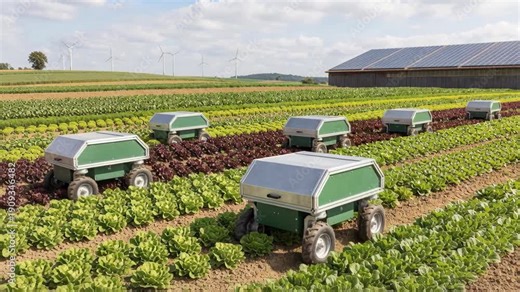 Autonomous agriculture robot harvester harvests lettuce sustainable field with solar barn wind turbines creating efficient modern cultivation