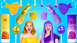 Eating only one color food for 24 hours! last to stop eating purple vs gold food by 123 go! food: | 123 GO FOOD