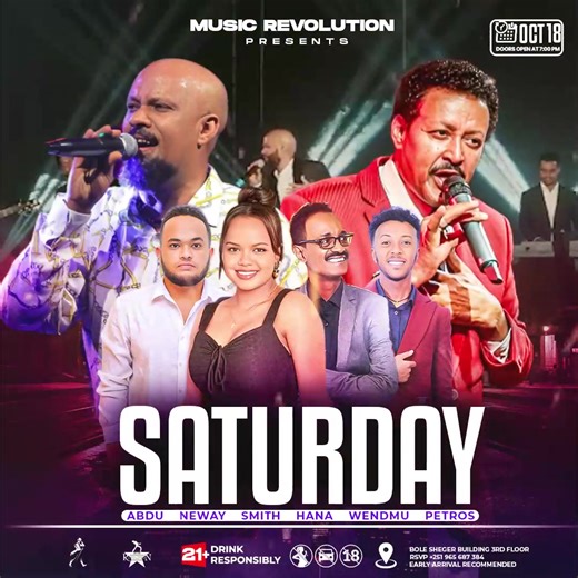 🔥 TONIGHT TONIGHT TONIGHT 🔥 🔥 SATURDAY SATURDAY SATURDAY 🔥 Music Revolution Live Music To The Next level Legendary Neway Debebe & Abdu Alongside..Wondemu..Hanna..Petros Esmiz Performing Live At The World Famous Club Revolution Door Open 7Pm Band Starts 10Pm Early Arrivals Strictly suggested Dress to impress For Reservation Call 251965687384 Sheger building 3rd Floor #Livemusic #MusicRevolution https://t.me/MusicRevolutionAddis Music Revolution Addis | Music Revolution Addis