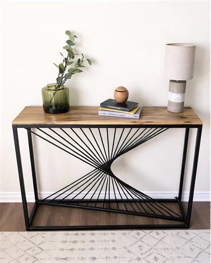 Modern Industrial Console Table - Twisted Steel Base, Solid Black Limba Wood Top, Entryway Sofa Table, Made in Canada