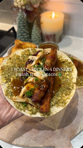 246K views · 94 reactions | SMASH STUFFING TACOS ✨ Our final recipe from one roast chicken. Smash stuffing tacos using the last portion of our roast chicken.  Simple, quick, and family-friendly Let me know in the comments if you want the full written recipe 﫶 | Kimberlys Journey | Facebook