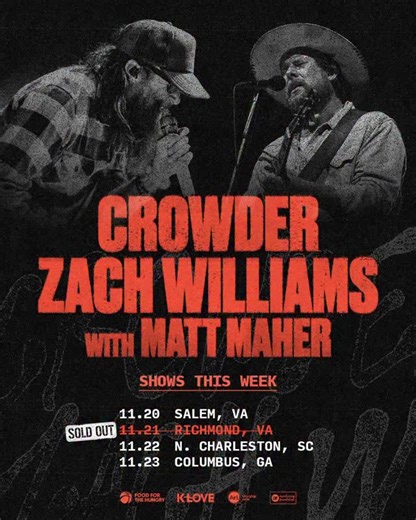 3.5K views · 644 reactions | This week’s shows. Richmond has sold out. Get your tickets from zachwilliamsmusic.com before the rest sell out. Looking forward to seeing yall. 11/20 Salem, VA 11/21 Richmond, VA 11/22 N. Charleston, SC 11/23 Columbus, GA | Zach Williams | Facebook