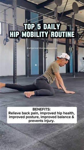 TOP 5 DAILY HIP MOBILITY ROUTINE This simple daily routine helps relieve back pain by improving hip mobility, reducing stress on the spine, improving posture and balance, and keeping your hips moving the way they should. Consistent hip mobility also helps prevent injuries by allowing your body to move more efficiently during daily activities and exercise. #dailyexercise #mobilitytraining #gymworkout #gym | Physical Therapy Session