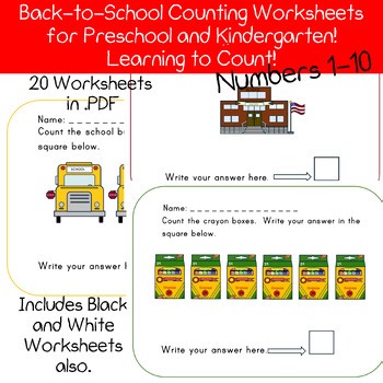 Counting Worksheets Number 1-10 Preschool Kindergarten Back-to-School Theme