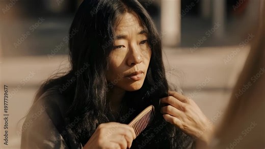 Woman combing her long dark hair while looking in a mirror. Person grooming outdoors in an urban setting. Poverty and daily routine concept