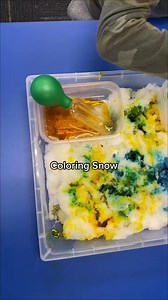 5.8K views · 39 reactions | Kids are like magnets to snow! Whenever it snows, we bring it indoors—straight to the messy table or science center. We mix two primary colors with water, then let students drip and swirl the colors on the snow to discover new hues. It’s a quick, easy way to explore color mixing and embrace winter fun inside. | Preschool Vibes | Facebook