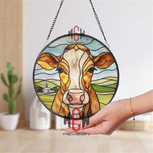 Cow Stained Glass Suncatcher Round Farm Window Hanging, Rustic Country Decor, Farmhouse Animal Art Gift - Etsy