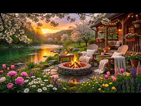 Gentle Spring Morning at the Riverside Cabin Garden 🌸🔥 Calm Campfire, Flowers & Nature Sounds
