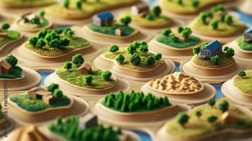 A detailed miniature model of a world map featuring topographical elements like mountains, plains, forests, and water bodies. The map showcases various landmarks